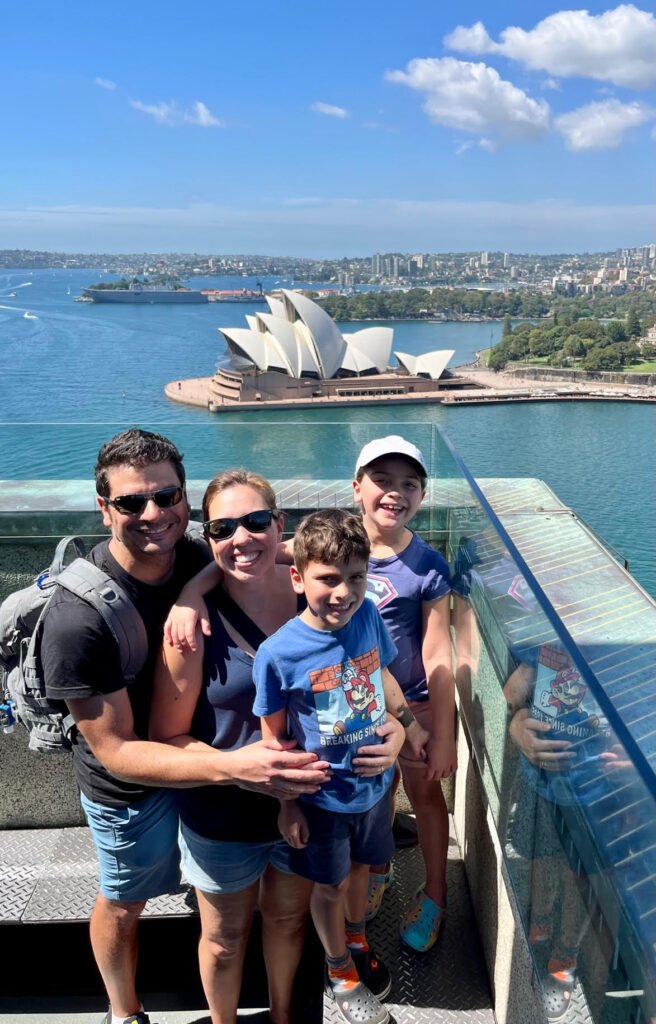 Standing on the Harbour Bridge with the Opera House in the background.