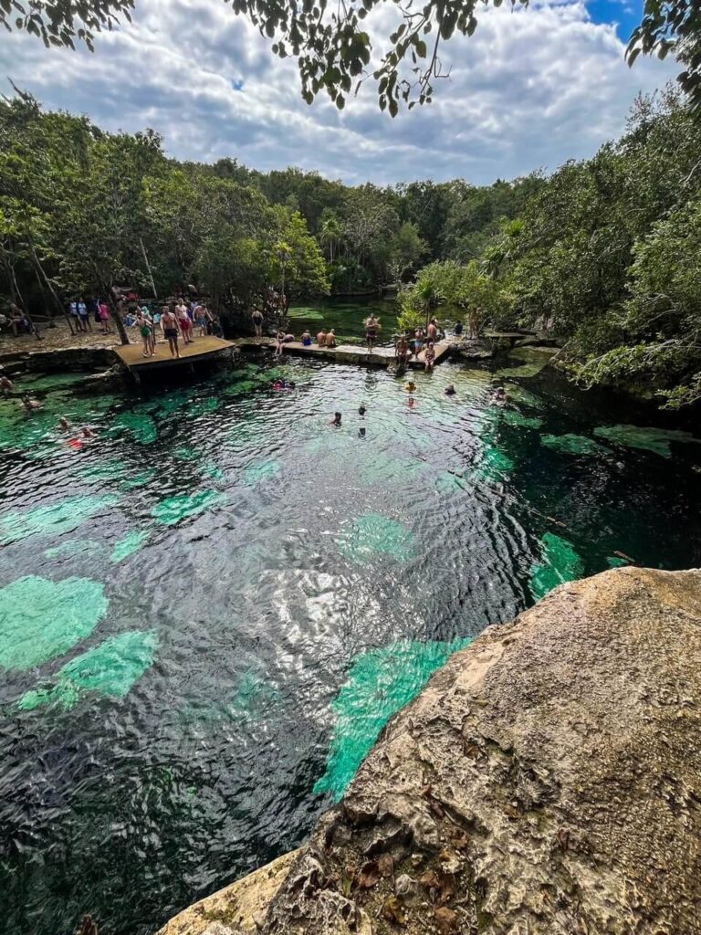 Standing at the top of the cenote with clear water and green jungle all around. People swimming below in the cenote water. 