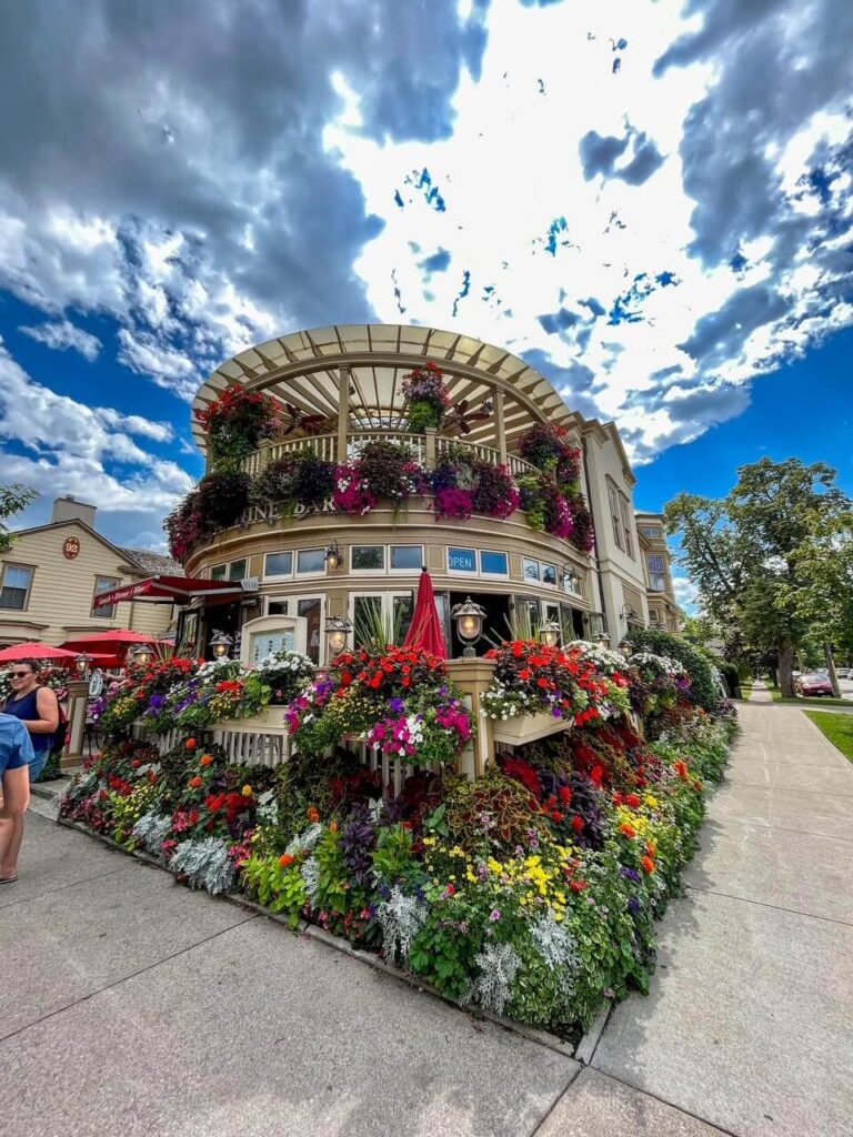 Shaw cafe surrounded by colourful flowers.