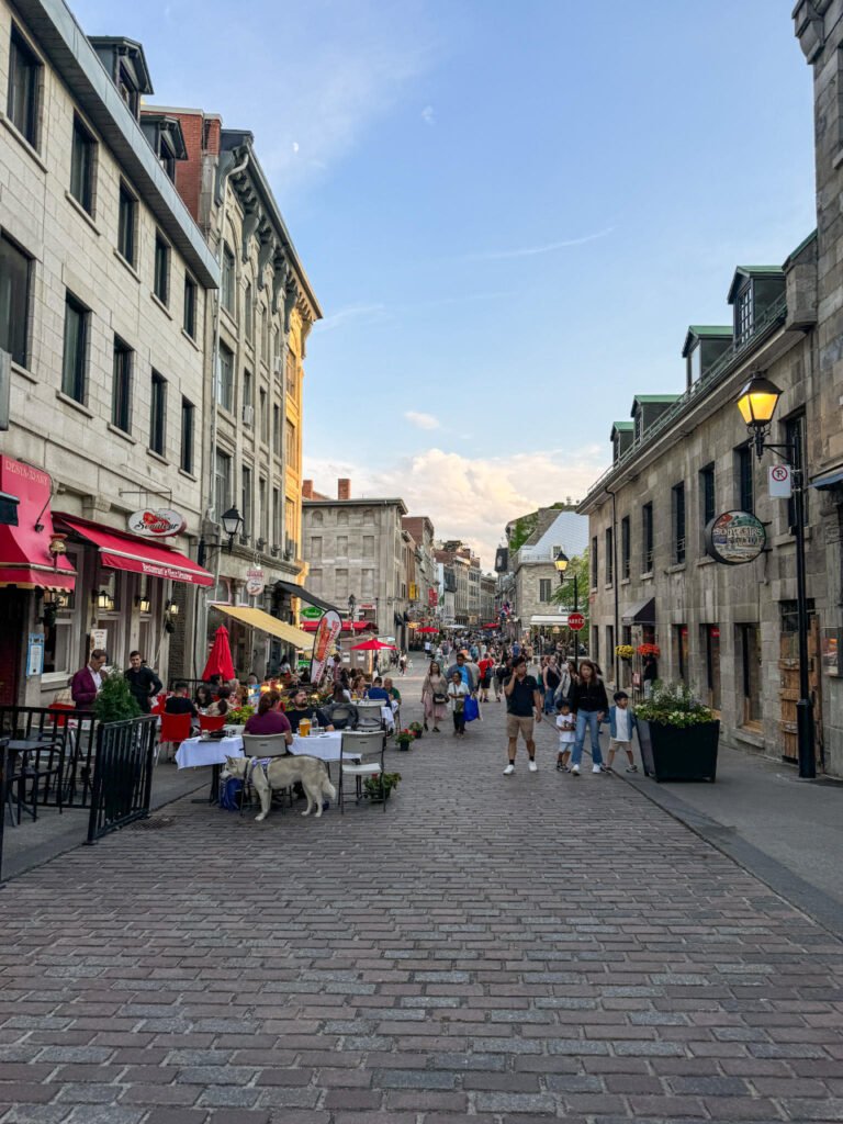 People walking up and down the cobblestone street near Place Jacques-Cartier