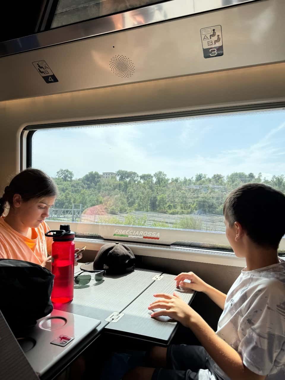 2 kids looking out of the window of an italian train